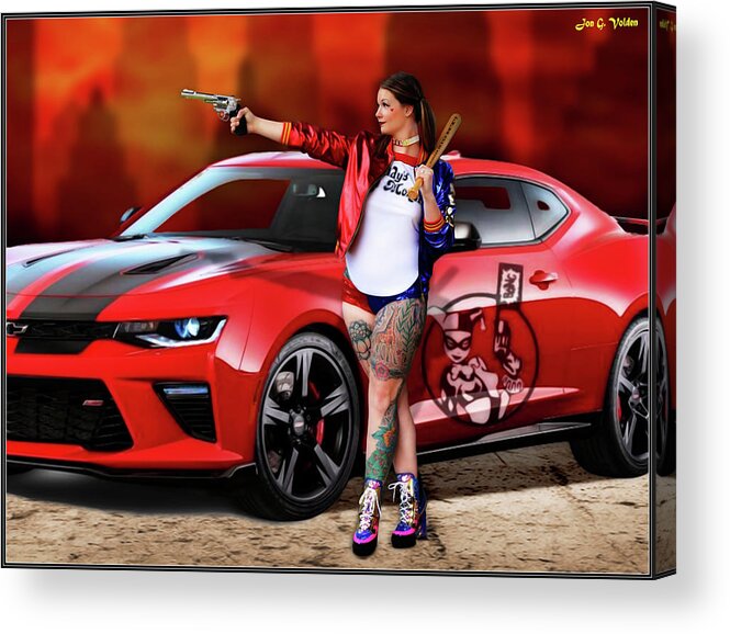 Harley Acrylic Print featuring the photograph Harley Quinn Pistols and Car by Jon Volden