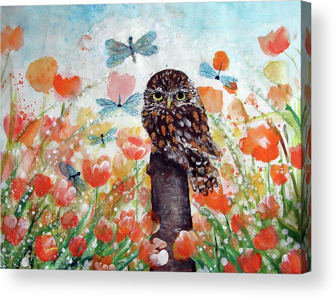 Here's Looking At You The Owl And The Dragon Flies Acrylic Print featuring the painting Here's Looking at YOU The Owl and the Dragonflies by Ashleigh Dyan Bayer