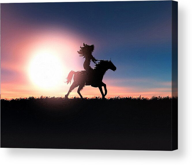 Horse Acrylic Print featuring the painting Horse Rider Sunset The West by Tony Rubino