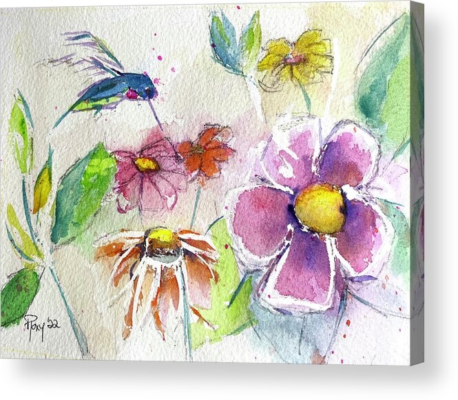 Watercolor Acrylic Print featuring the painting Hummingbird in the Garden by Roxy Rich