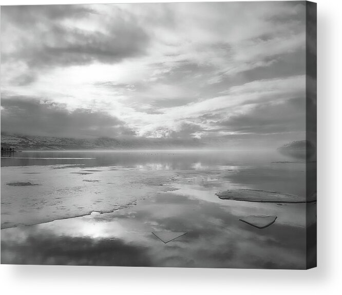 Black And White Photography Acrylic Print featuring the photograph Ice Floes on Okanagan Lake Black and White by Allan Van Gasbeck