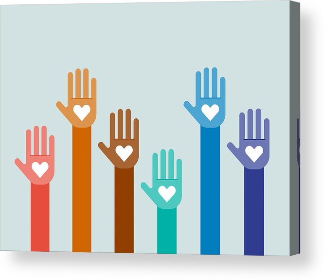 Diversity Acrylic Print featuring the drawing Illustration of group of multi-colored hands raised together by RLT_Images