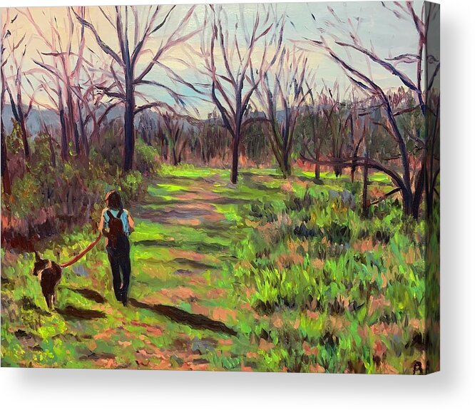 Woods Trees Woman Dog Acrylic Print featuring the painting Into the Woods by Beth Riso