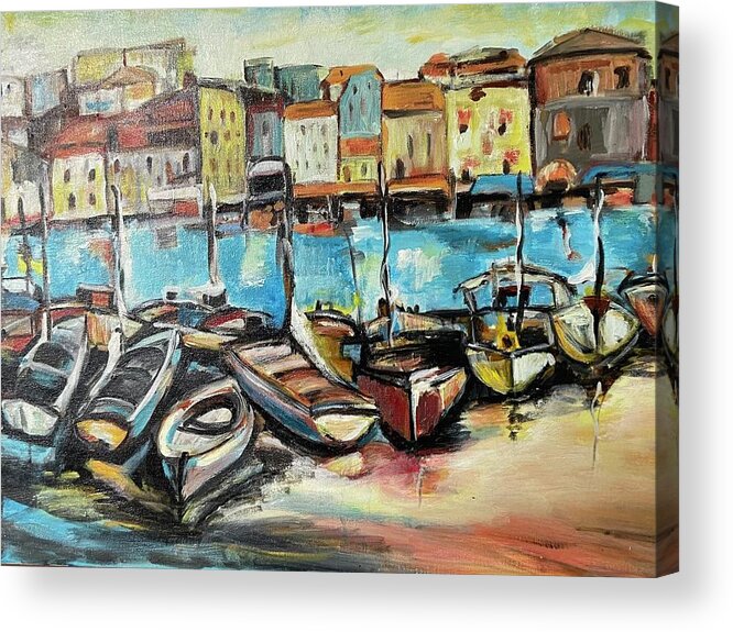 Boats Acrylic Print featuring the painting Italian Marina by Denice Palanuk Wilson