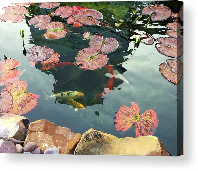 Koi Pond Acrylic Print featuring the photograph Koi and Waterlily Pads by Karen Zuk Rosenblatt