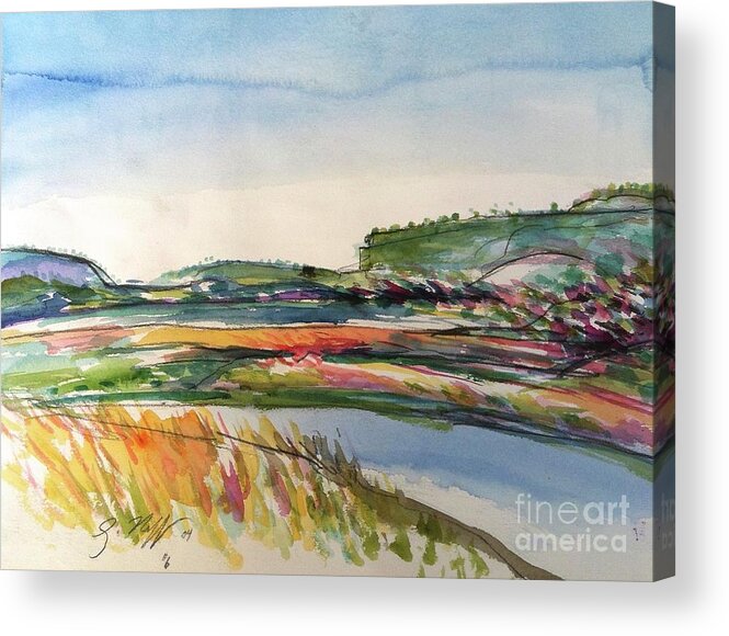 Watercolor Painting Acrylic Print featuring the painting Lake Heron by Glen Neff