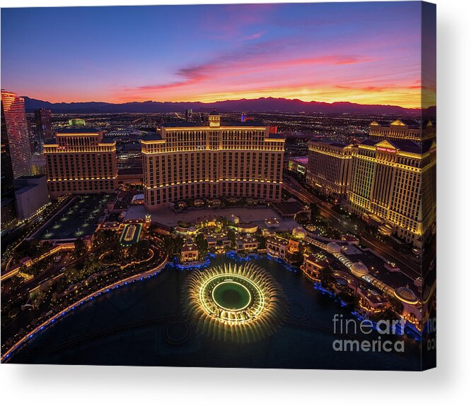  Las Vegas Acrylic Print featuring the photograph Las Vegas Bellagio Fountains Sunset by Mike Reid