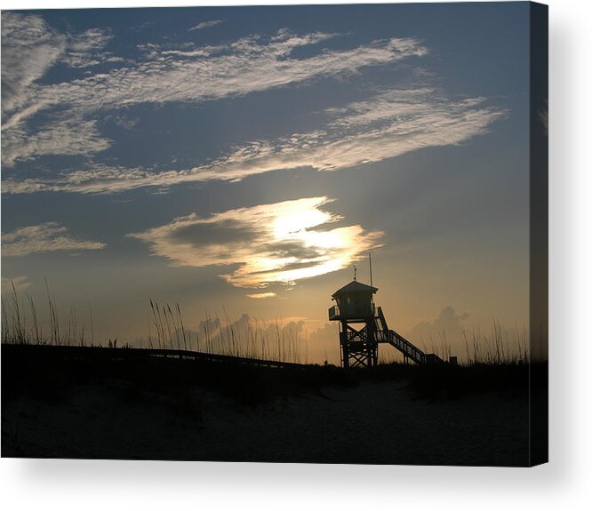 Photography Of The Beach Acrylic Print featuring the photograph Lifeguard tower at dawn by Julianne Felton