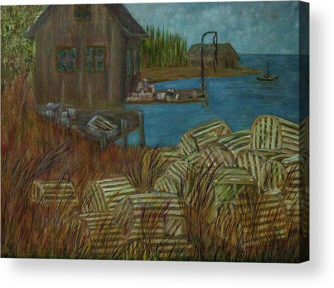 Lobster Acrylic Print featuring the painting Lobster Pot Graveyard by Randy Sylvia