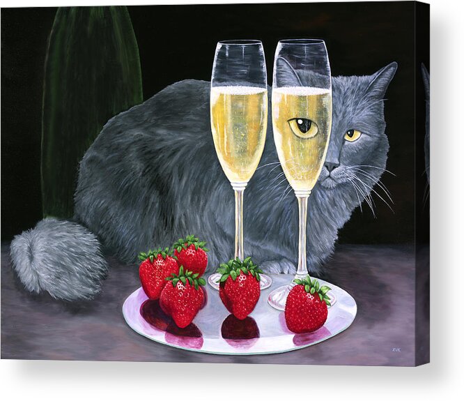 Karen Zuk Rosenblatt Acrylic Print featuring the painting Long Haired Gray Cat with Champagne and Strawberries by Karen Zuk Rosenblatt