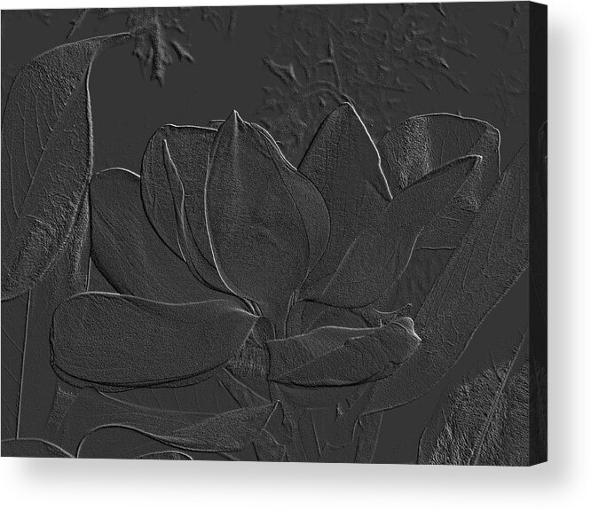 Flower Acrylic Print featuring the photograph Magnolia Closeup Embossed Grayscale by Mike McBrayer