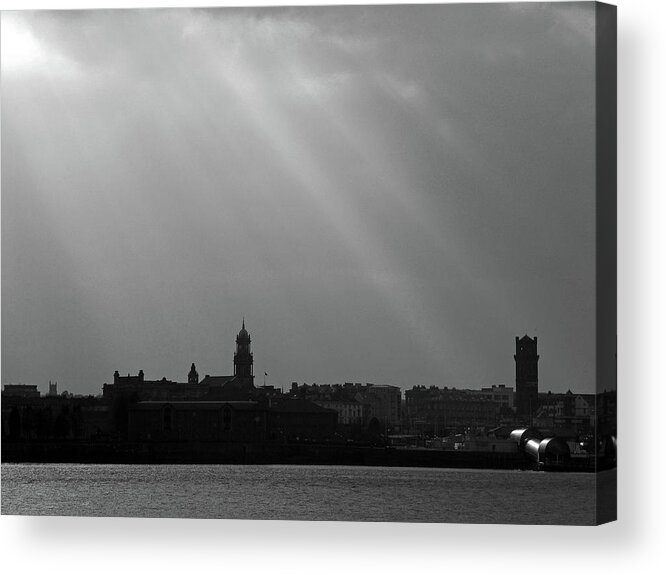 Liverpool; River Mersey; Black And White; Landscape; Cityscape; Skyline; Great Britain; Merseyside; Wirral Birkenhead; Sunbeams; Silhouette; Sky; Clouds; England; Acrylic Print featuring the photograph Mersey Sunbeams by Lachlan Main
