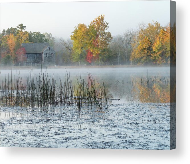 Autumn Acrylic Print featuring the photograph Misty Autumn Morning At Batsto Lake and Mill by Kristia Adams