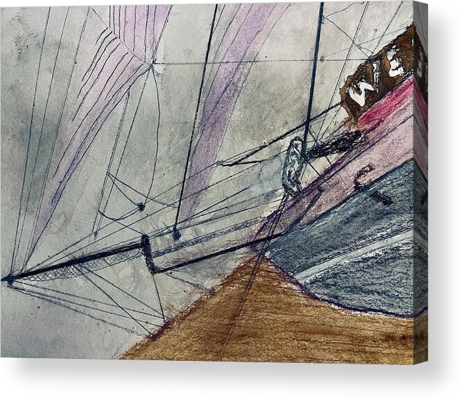Mixed-media Ship Star-of-india San-diego Embarcadero Watercolor Purple Grey Sky Black Ropes Poles Chalk Brown Dock Wood Hull Mast Banner Red White Sails Clouds Acrylic Print featuring the digital art Mixed Media Star of India by Kathleen Boyles