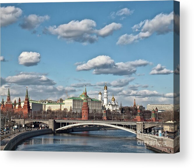 Moscow Kremlin Big Stone Bridge Churches Stars White Red River Blue Sky Clouds Bright Architecture House Landscape View Beautiful Magnificent Color Colorful Colourful Towers Famous Travel City Town Street Center Joyful Cheerful Day Delightful Aesthetic Atmospheric Powerful   Acrylic Print featuring the photograph Moscow Kremlin Big Stone Bridge Through Moscow-river by Tatiana Bogracheva