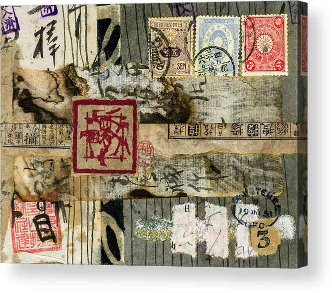 Carol Leigh Acrylic Print featuring the mixed media Mystery Markings Japanese Postcard by Carol Leigh