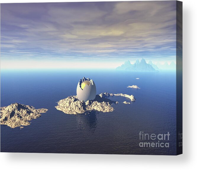Island Acrylic Print featuring the digital art Mystery of Giant Egg At Sea by Phil Perkins