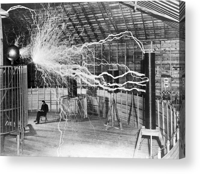 Nikola Tesla Acrylic Print featuring the photograph Nikola Tesla - Bolts Of Electricity by War Is Hell Store