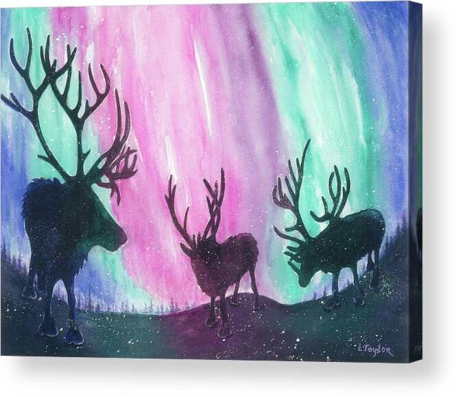 Reindeer Acrylic Print featuring the painting North Pole Nightlife by Lori Taylor