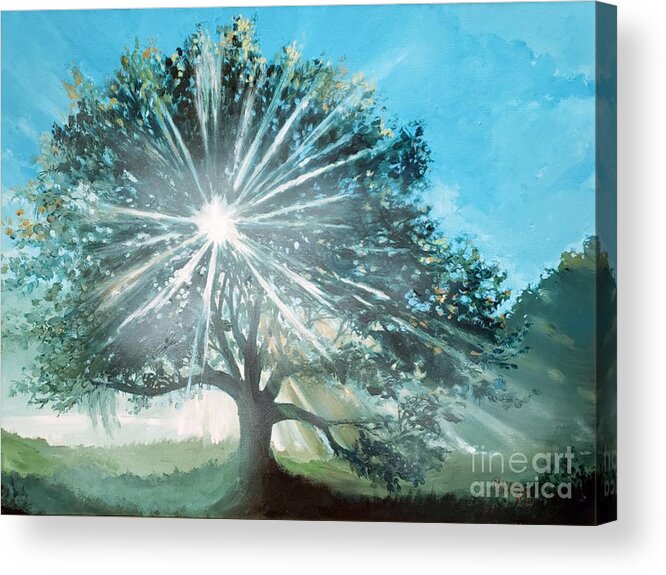 Oak Acrylic Print featuring the painting Oak in the morning fog by Merana Cadorette