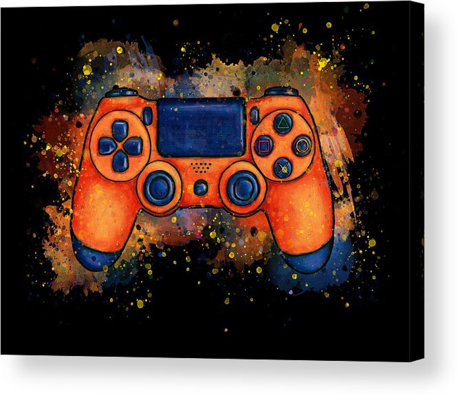 Gaming Acrylic Print featuring the painting Orange game controller splatter art, gaming by Nadia CHEVREL