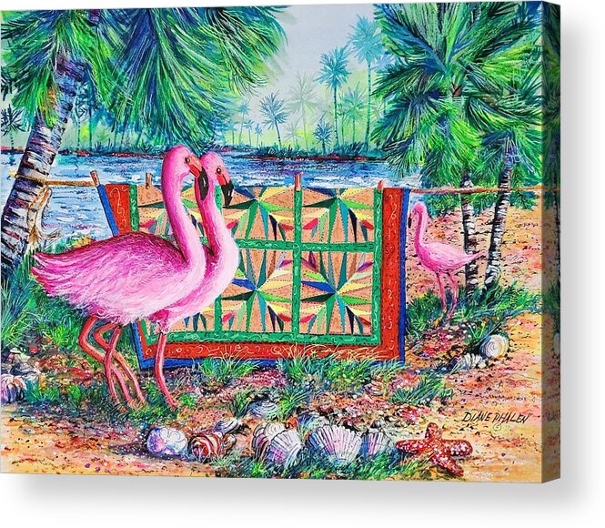 Palm Quilt Acrylic Print featuring the painting Palm Quilt Flamingos by Diane Phalen