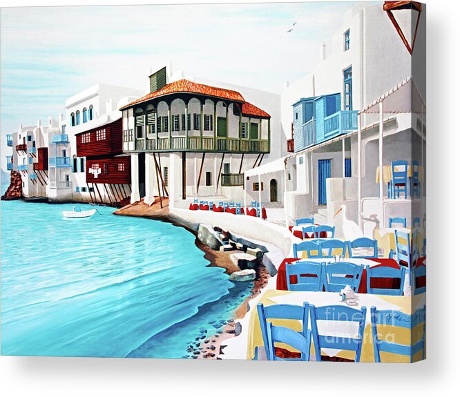 Mykonos Acrylic Print featuring the painting PETROS IN MYKONOS - prints of oil painting by Mary Grden