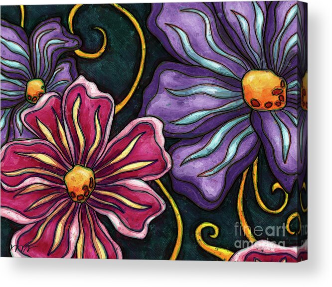 Pink Flowers Acrylic Print featuring the painting Pink and purple cosmos flowers, colorful flowers by Nadia CHEVREL