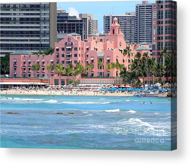 Royal Hawaiian Hotel Acrylic Print featuring the photograph Pink Palace on Waikiki Beach by Mary Deal