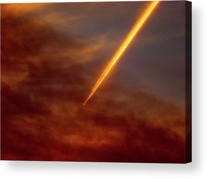 Clouds Acrylic Print featuring the photograph Plane Streaking Through Smoky Evening Sky by Linda Stern