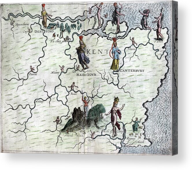 1622 Acrylic Print featuring the drawing Poly-Olbion - Map of Kent, England by Michael Drayton