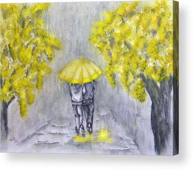 Yellow Umbrella Acrylic Print featuring the painting Pouring Rain in Yellow by Kelly Mills