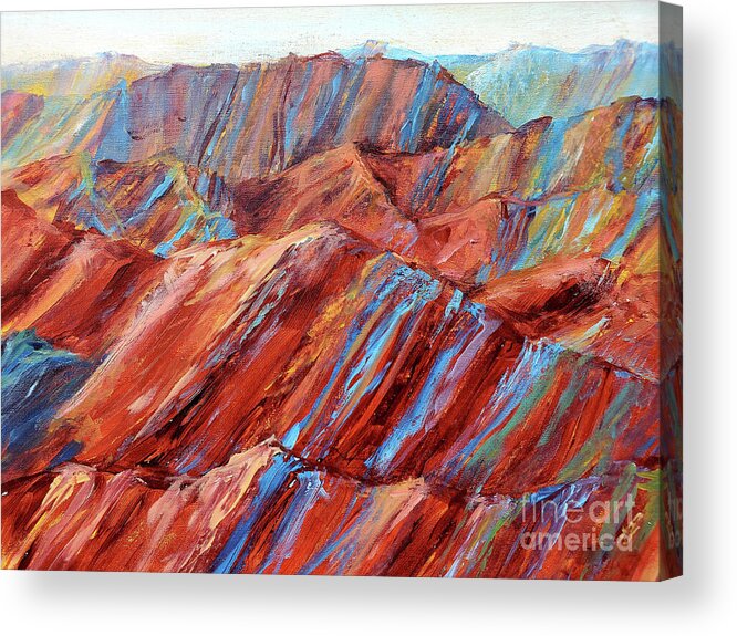 Zhangye Danxia Geological Park Acrylic Print featuring the painting Rainbow Mountains by Zan Savage