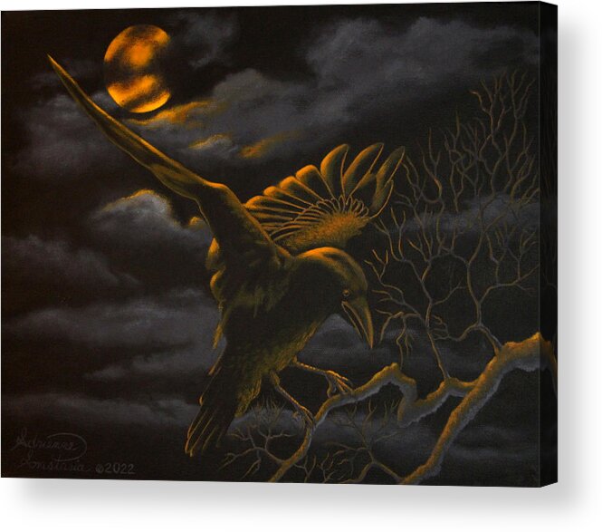 Raven Acrylic Print featuring the painting Raven on a Full Moon by Adrienne Dye
