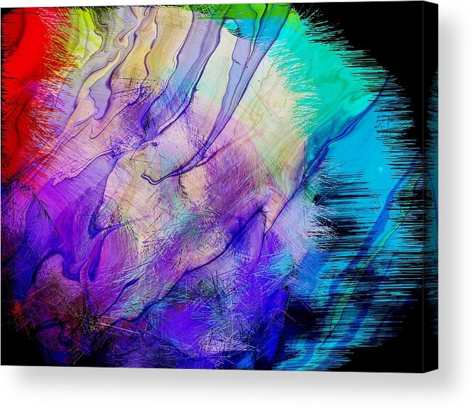 Abstract Red Faced Creature Hatching Fuzzy Yellow White Blue Purple Aqua Green Pink Software Ipad-air Black Background Acrylic Print featuring the digital art Red Faced Creature Hatching by Kathleen Boyles