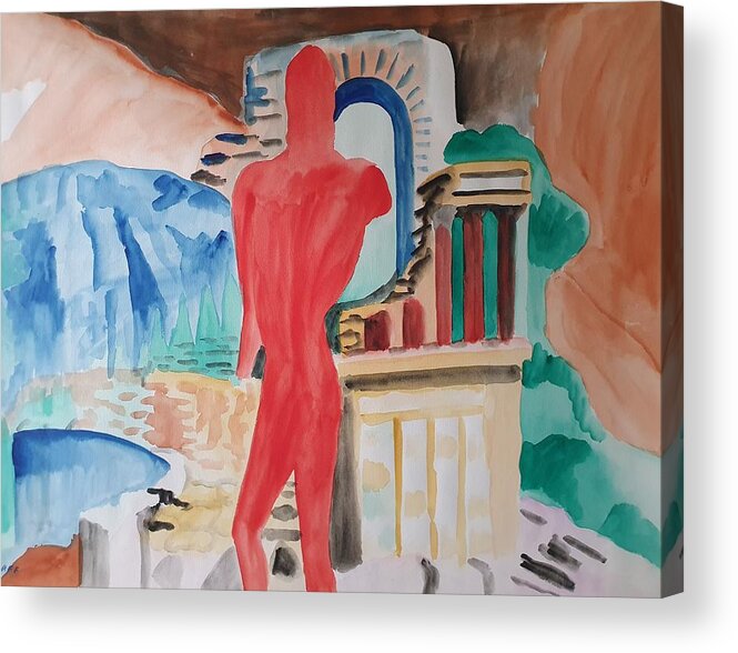 Classical Greek Sculpture Acrylic Print featuring the painting Red Warrior and the Temple by Enrico Garff