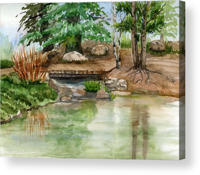 Reflections On Water Acrylic Print featuring the painting Reflections at Fox Run Park by Martha Lancaster