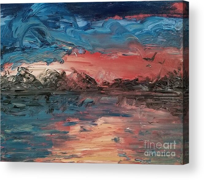 Nighttime River Oil Painting Acrylic Print featuring the painting River at Dusk in Oil by Expressions By Stephanie
