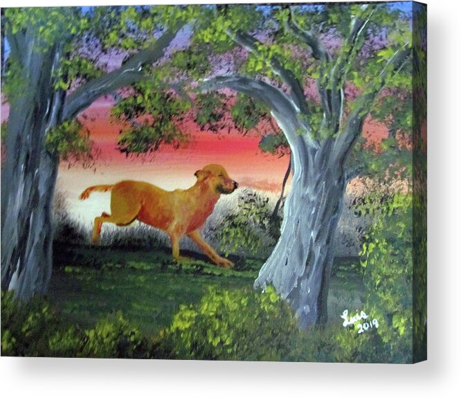 Dog Acrylic Print featuring the painting Running Through The Woods by Luis F Rodriguez