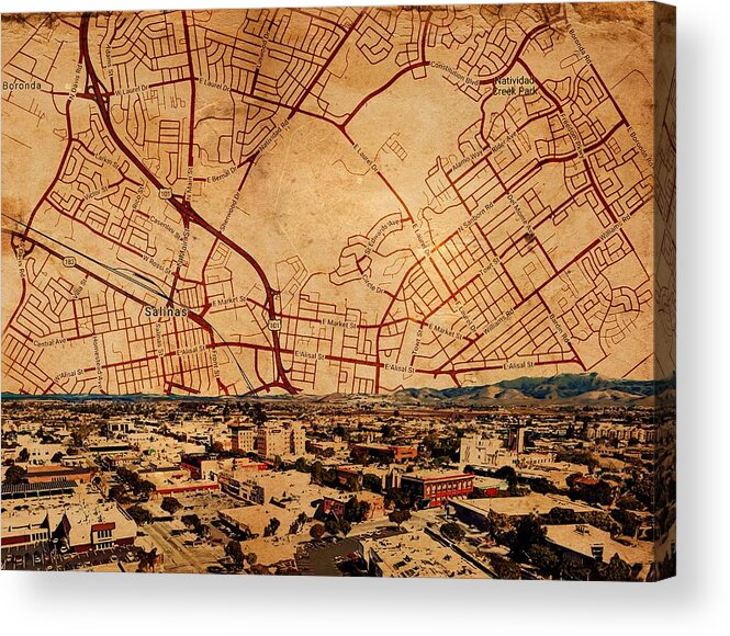 Salinas Acrylic Print featuring the digital art Salinas, California - panorama and map of the central part by Nicko Prints