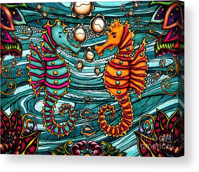 Ocean Acrylic Print featuring the painting Sea creatures couple painting, colorful seahorses by Nadia CHEVREL