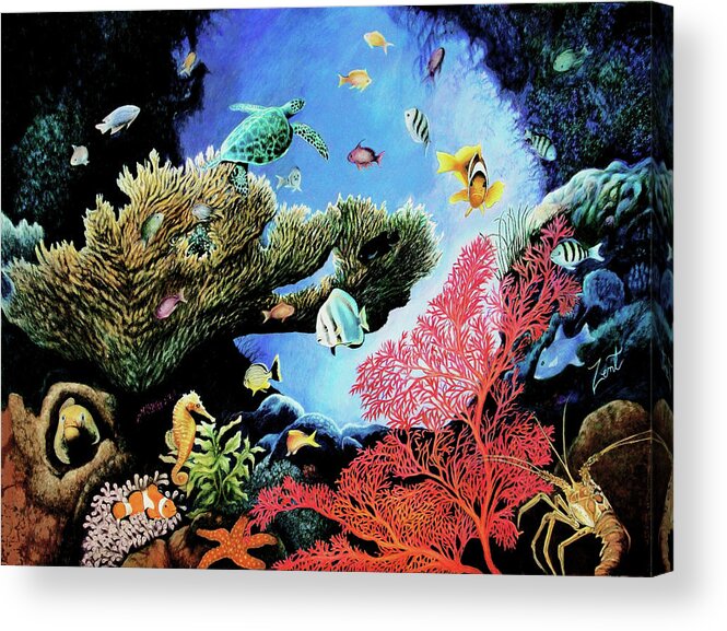 #thesea #ocean #fish #coral #seafan #seahorse #eal #light #opening Acrylic Print featuring the drawing Seaquarium by June Pauline Zent