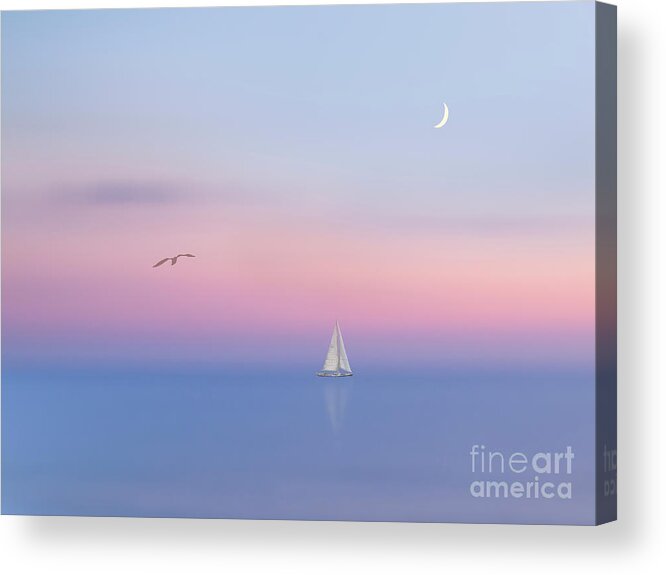 Sail Sunset Soft Gentle Calmness Serenity Relaxation Restful Triangles Moon Bird Landscape Scenery Seascape Ship Boat Beautiful Delicate Touching Emotional Impressionism Impression Alone Lonely Loneliness Solitude Delightful Romantic Fairy Poetic Magical Still Spiritual Nostalgic Inspirational Uplifting Blue Pink White Minimal Minimalist Minimalism Sailing Three Ocean Relax Sweet Dreamy Dream Timeless Foggy Misty Pleasing Appealing Painterly Artistic Watercolor Pastel Fantasy Peaceful Dawn Dusk Acrylic Print featuring the photograph Serenity by Tatiana Bogracheva
