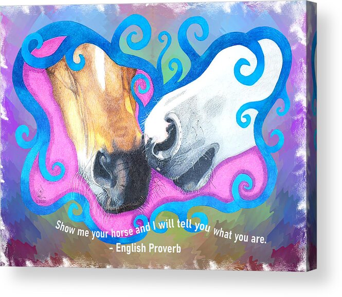 Horse Muzzles Acrylic Print featuring the drawing Sharing Breath with Quote by Equus Artisan