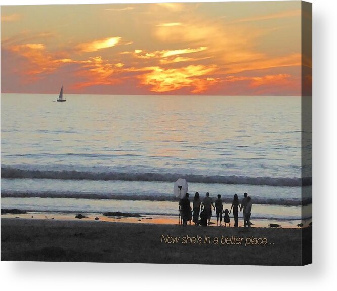 Ocean Water Sunset Orange Pink Blue Purple Black People Silhouettes Child Beach Blonde Sand Sailboat Waves Acrylic Print featuring the digital art She Is In A Better Place by Kathleen Boyles