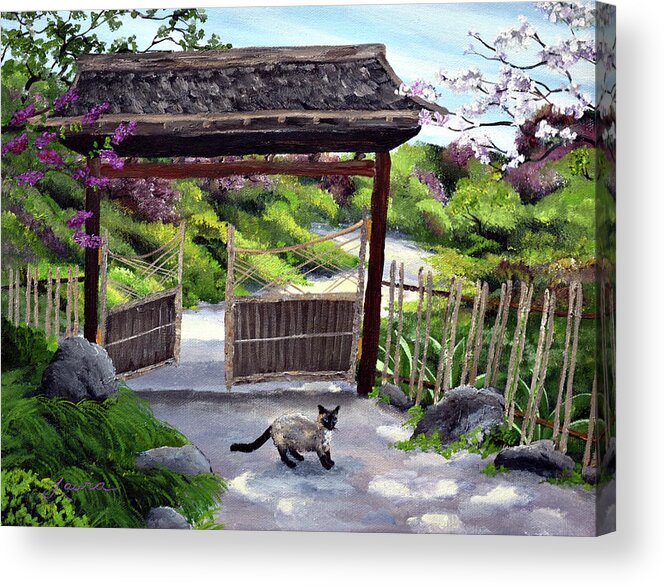Siamese Cat Acrylic Print featuring the painting Siamese Cat at Hakone Side Gate by Laura Iverson