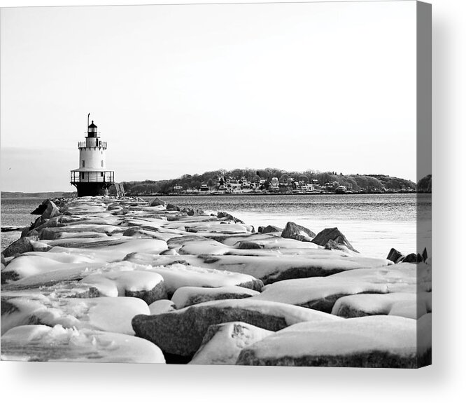 Snow Capped Jetty Acrylic Print featuring the photograph Snow Covered Jetty at Spring Point Ledge Lighthouse by Lisa Cuipa
