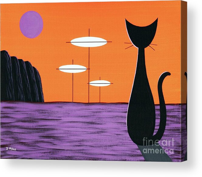 Mid Century Modern Acrylic Print featuring the painting Space Cat in Orange and Purple by Donna Mibus