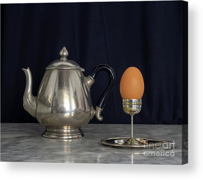 Patina Acrylic Print featuring the photograph Sterling Silver Eggcup and Teapot Black Background Still Life by Pablo Avanzini