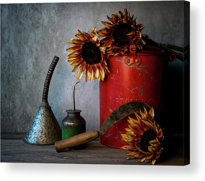 Sunflowers Acrylic Print featuring the photograph Sun Flowers on Shed Shelf by Connie Carr